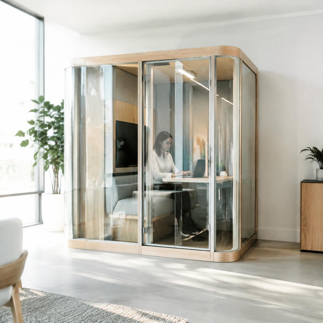 Glass pod office with a person working